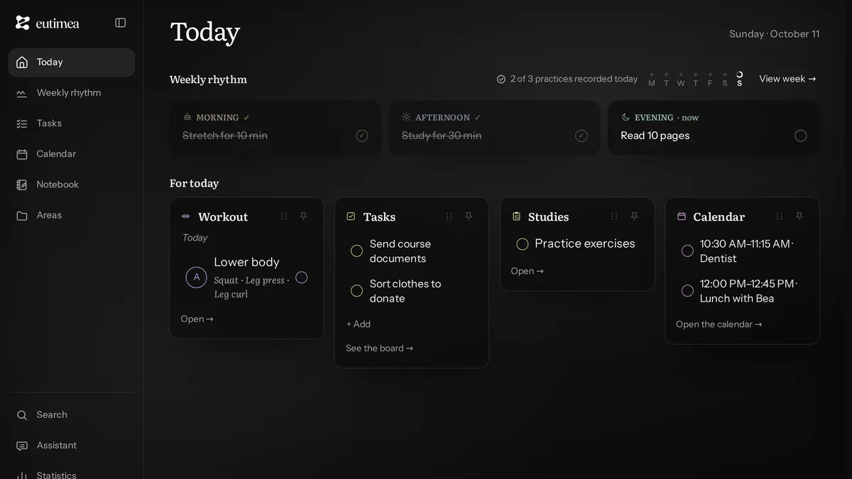 The Today screen in Eutimea, with the weekly rhythm, workout, tasks, studies and calendar.